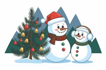 Playful Cartoon Snowmen Christmas Tree - Festive Winter Illustration