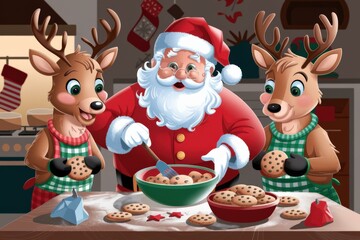 Whimsical Santa Baking Cookies Reindeer Cozy Kitchen - Holiday Cheer
