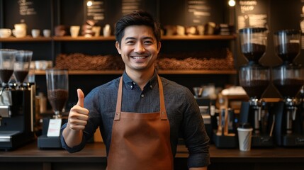 Fototapeta premium Cheerful Barista Giving Thumbs Up in Cozy Coffee Shop