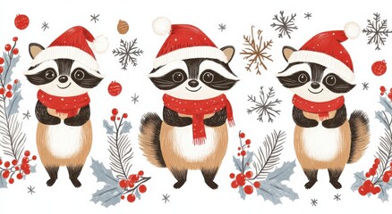 Fototapeta premium Cute raccoon delightfully holding a Christmas cookie surrounded by festive holiday decorations and seasonal greenery