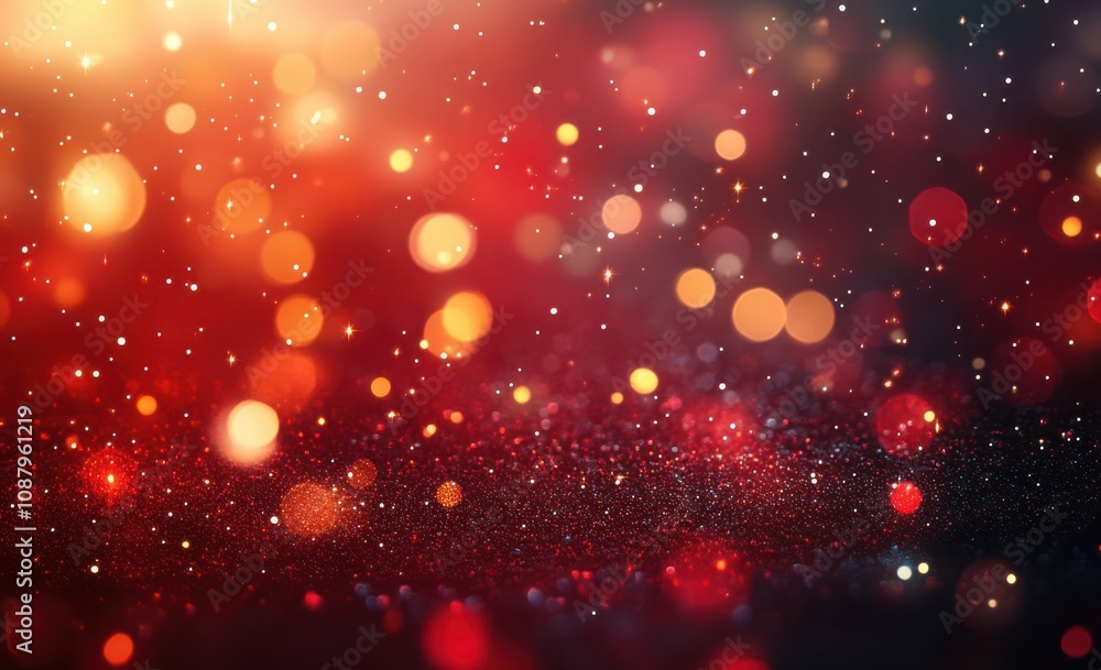 Poster abstract red background with sparkling bokeh lights and stars creating a festive and magical atmosph