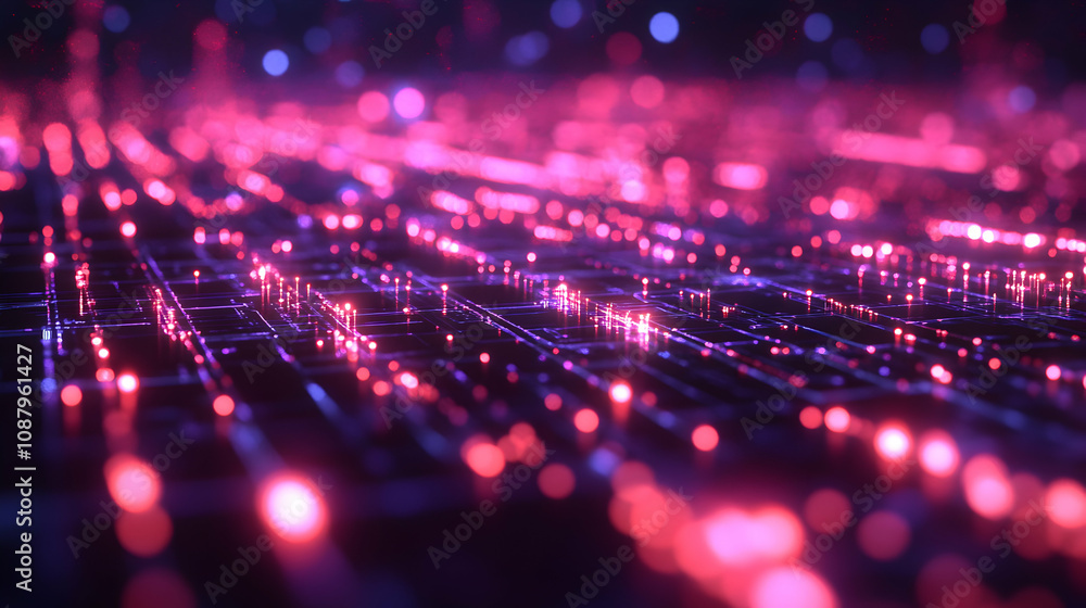 Poster abstract 3d digital network: glowing pink and purple circuitry, illuminated nodes, data flow visuali