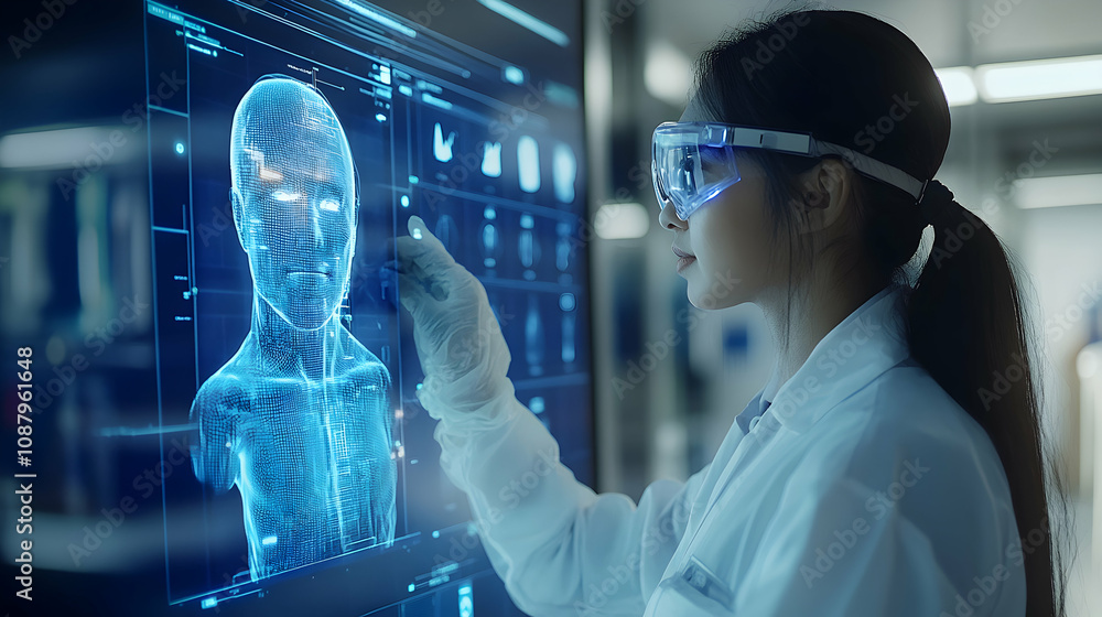 Poster scientist interacts with 3d holographic human model on futuristic interface screen in a modern lab s