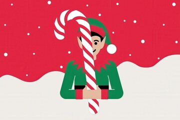 Cartoon Elf Candy Cane Red Background - Christmas Marketing Illustration