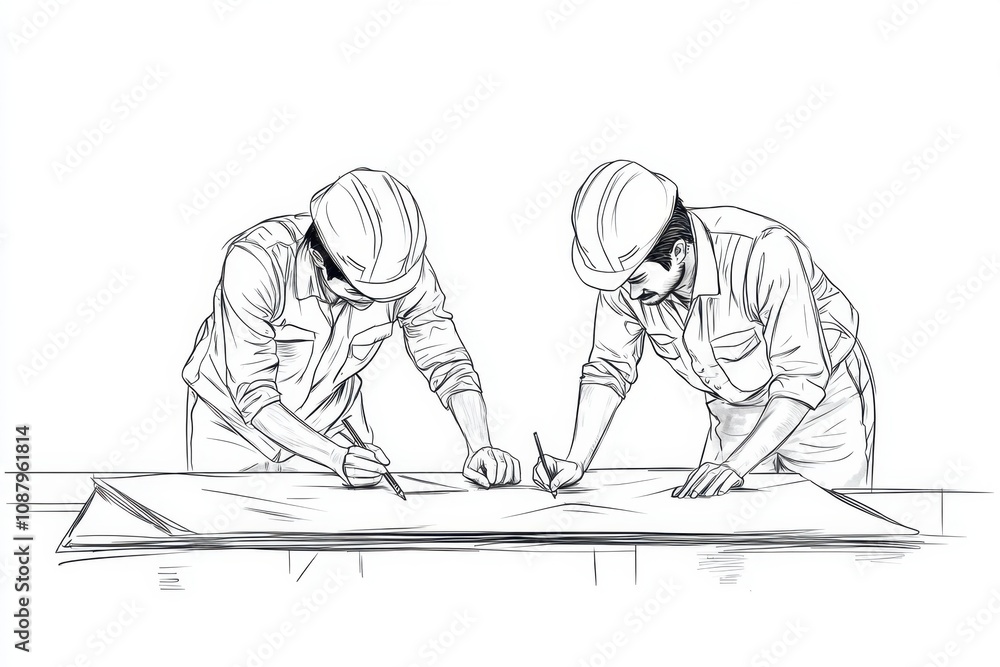 Poster two architects drawing on fabric, simple line art, a single continuous line, minimalistic style gene