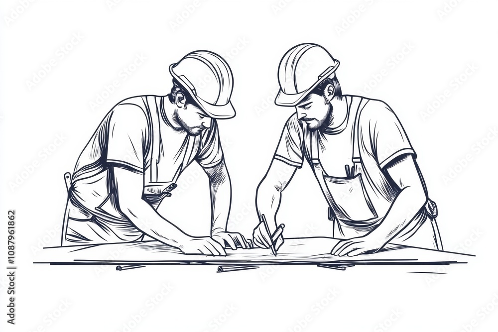 Poster two construction workers are depicted in a simple line art drawing with minimal details the workers 