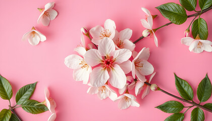 Fototapeta premium Flower blossom pattern on pink background. Top view, vintage