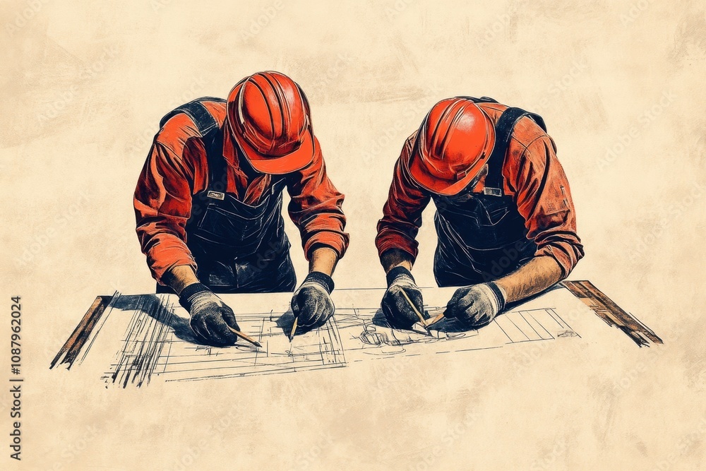 Poster two construction workers are depicted in a simple line art drawing with minimal details generative a