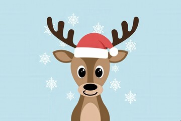 Cartoon Reindeer Santa Hat Snowflakes - Festive Christmas Illustration