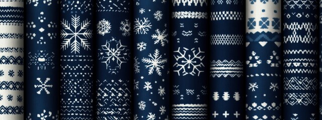 Set of seamless patterns with traditional Nordic winter motifs featuring snowflakes and intricate geometric designs on dark blue backgrounds