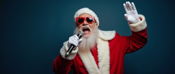 A joyful Santa Claus wearing sunglasses energetically sings into a microphone. His festive attire and dynamic pose capture the lively holiday spirit and the magic of Christmas celebration.

