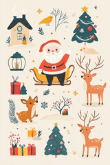 Charming Christmas-themed illustration with Santa in a sleigh, reindeer, and festive symbols creating a joyful holiday atmosphere
