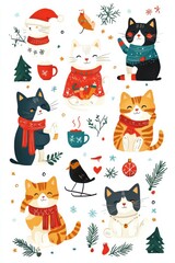 Charming Christmas cats in festive sweaters and scarves surrounded by seasonal elements and warm mugs
