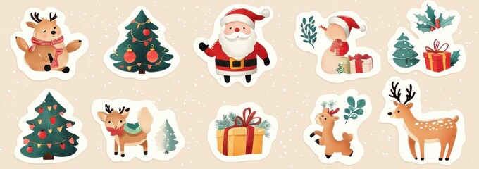 Festive Christmas sticker set featuring Santa Claus, reindeer, Christmas trees, and holiday decorations for winter celebrations