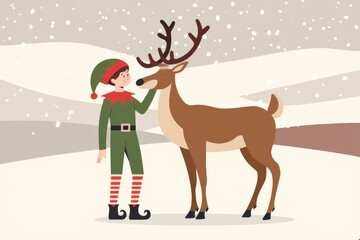Fototapeta premium Cheerful Cartoon Christmas Elf Reindeer Snowy Landscape