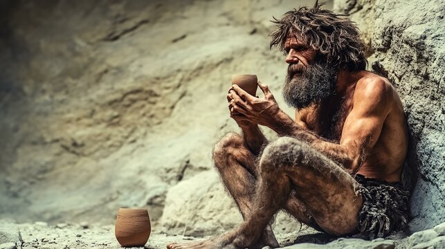 Neolithic man,  prehistorical time human, homo sapience sits next to cave and works with clay