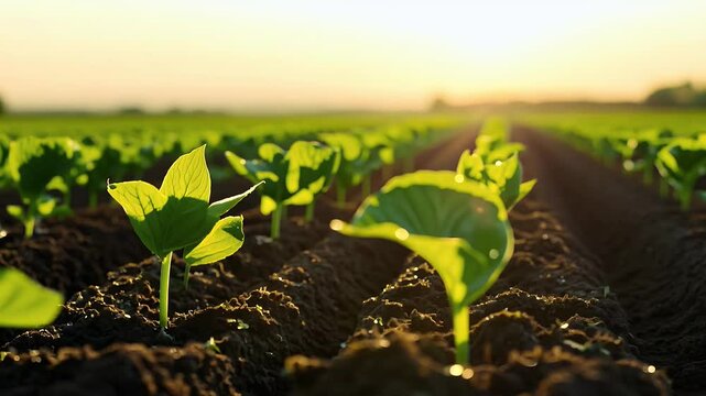 level morning light showcase agriculture farming sustainable way captured 4K resolution plant grow farm crop countryside cultivate farmland field flare food fresh garden gardening green growth