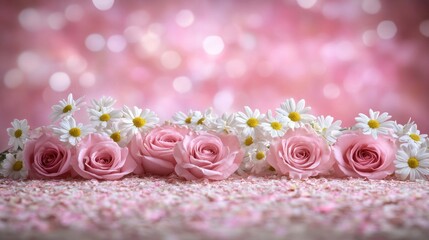 Pink roses and white daisies on a pink sparkly background.