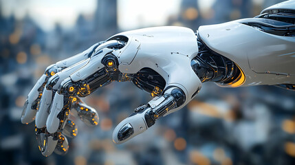 3D Render of a Futuristic Robotic Hand Reaching, Showing Detailed Mechanical Components and Glowing Joints Against a Blurred Cityscape Background