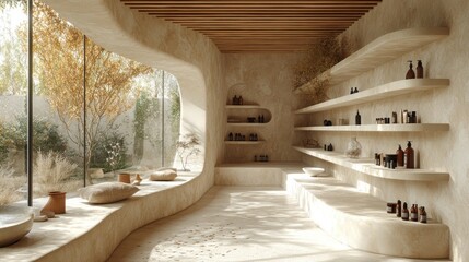 Here's a description and keywords for your stock photo.. Serene, curved-wall retail space with natural light, showcasing shelves of products and a tranquil garden view.