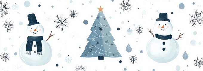 Charming blue Christmas trees and joyful snowman illustrations with festive snowflakes and dots