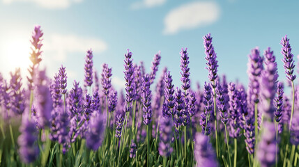Fototapeta premium Joyful , euphoria, radiance. A serene field of lavender blooms under a clear blue sky, illuminated by soft sunlight, evoking tranquility and natural beauty.