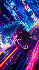 Neon Glow: Racing Motorbike in Futuristic Abstract Background