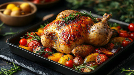 Roasted Chicken with Herb-Roasted Vegetables in a Black Pan