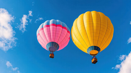 Fototapeta premium Joyful , euphoria, radiance. Two vibrant hot air balloons in pink and yellow soar against a bright blue sky with fluffy white clouds.
