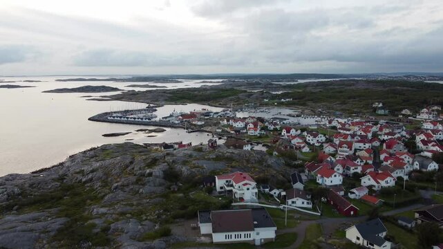 Flying with drone over the archipelago  and the harbor with sailing yachts at Vrang&ouml; near G&ouml;teborg in Sweden