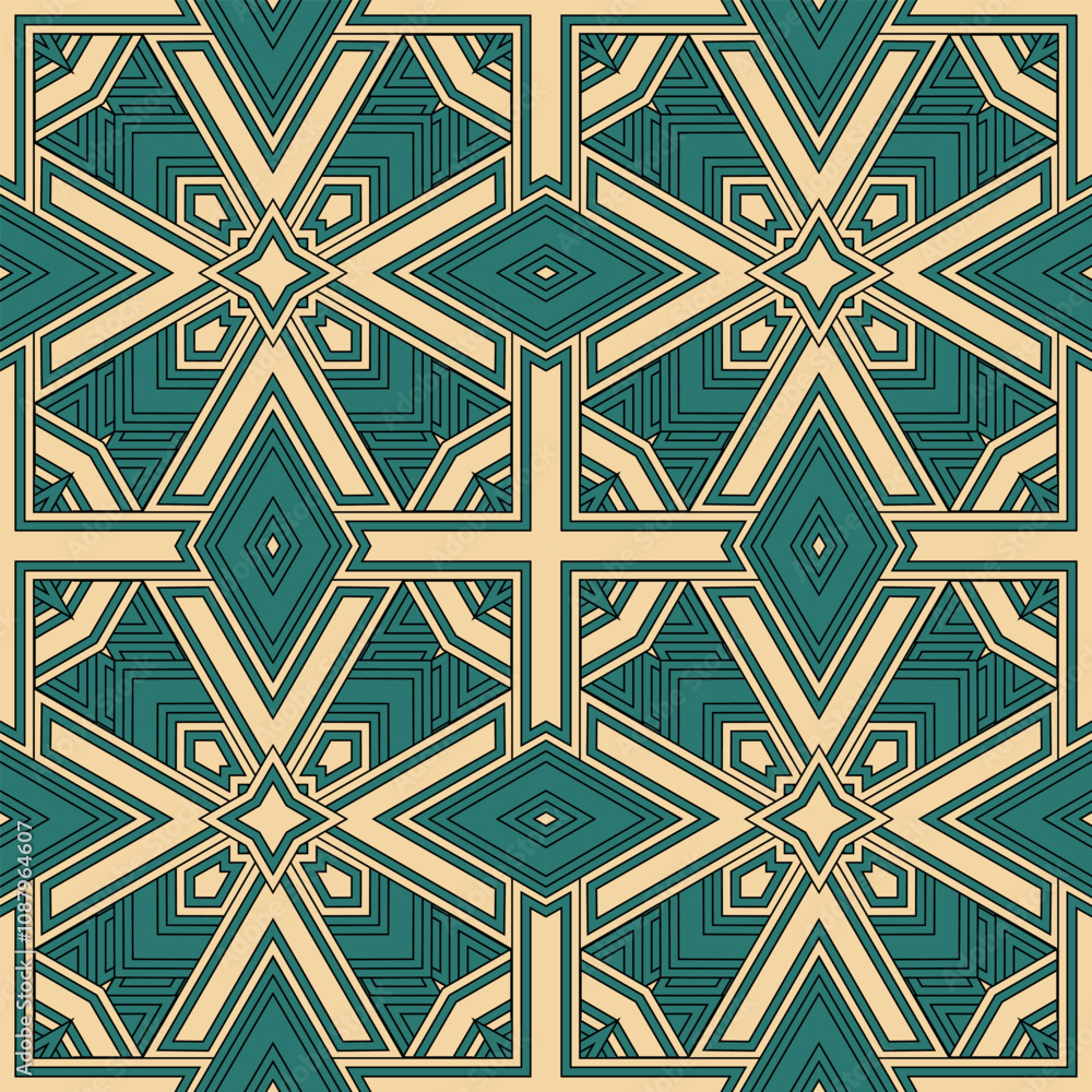 Poster seamless pattern with complex geometric ornament. green and beige colors prevail. vector illustratio