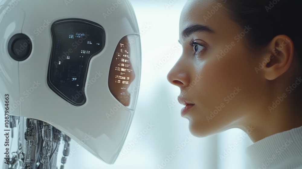 Leinwandbilder a human explores a digital mirror that reveals a robot's reflection, blending technology with self-d