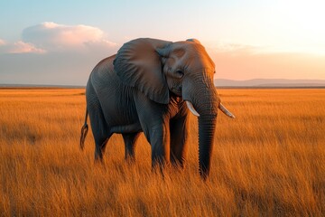 Fototapeta premium A lone elephant stands in a field of tall grass at sunset. The elephant is looking towards the camera. The sky is a beautiful blend of pink, orange, and blue.