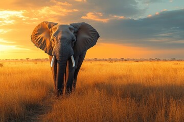 Obraz premium A lone African elephant stands in a field of tall grass at sunset, silhouetted against a dramatic sky.