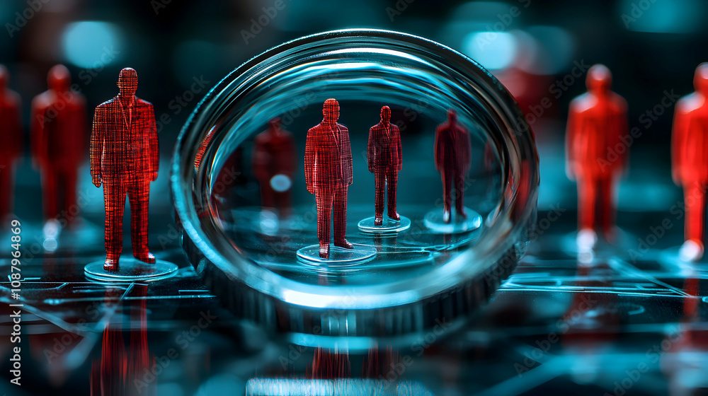 Poster abstract 3d render of red figurines viewed through magnifying glass on a network background