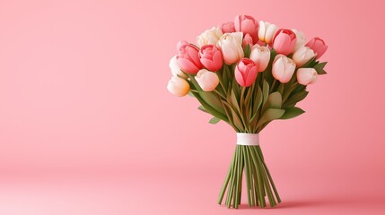 Obraz premium Beautiful bouquet of pink and white tulips arranged on a pastel pink background for spring celebration.