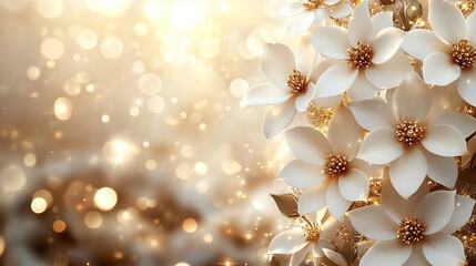 Elegant white and gold Christmas background with a serene and peaceful ambiance, featuring a soft glow that evokes feelings of warmth, joy, and celebration during the holiday season