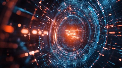 Obraz premium Abstract digital tunnel with glowing lights and lines, creating a futuristic and technological feel.