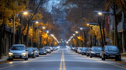 Quiet street lined with parked cars and autumn trees.