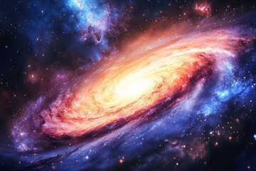 Fototapeta premium A vibrant, swirling spiral galaxy with hues of blue, orange, and red, set against a backdrop of twinkling stars.