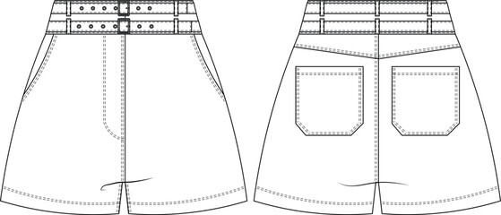 mid rise mid waist double belted mini denim jean short template technical drawing flat sketch cad mockup fashion woman design style model 
