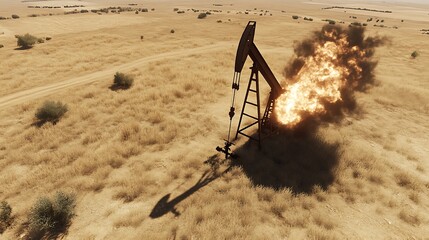 An oil pump jack igniting flames in a dry, barren landscape.