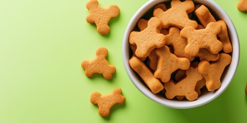 A bowl of small assorted dog biscuits shaped like bones is isolated on a lime background