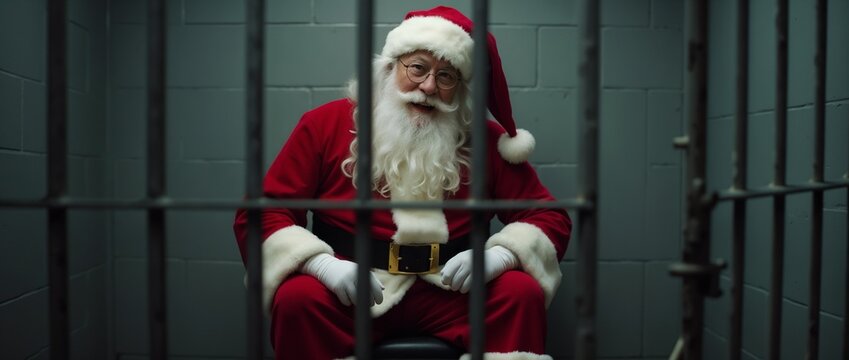 Santa Claus sits behind bars in a jail cell, wearing his traditional red suit. The setting adds a humorous and ironic twist to the holiday figure known for bringing joy.

