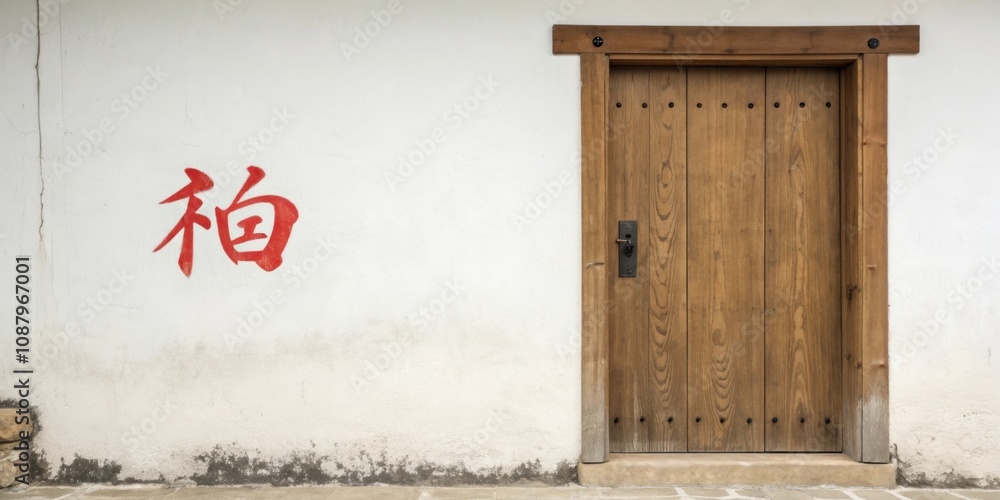 Poster simple charm a minimalist design showcasing a plain wooden door with a simple handpainted fu charact