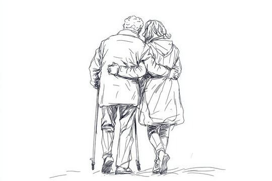 recommend clip art: A single-line drawing depicting an elderly man with crutches and a woman, embracing each other from behind on a white background Generative AI