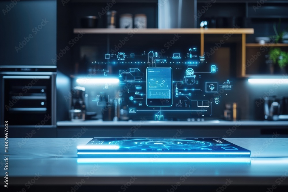 Poster a sleek kitchen showcases advanced smart appliance technology with a digital interface floating abov