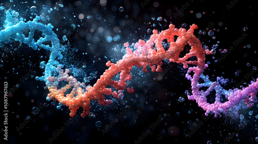 Poster 3d render of a colorful dna double helix structure dispersing in dark space