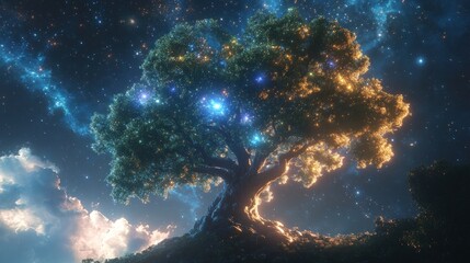 Fototapeta premium A glowing tree with starry sky background.