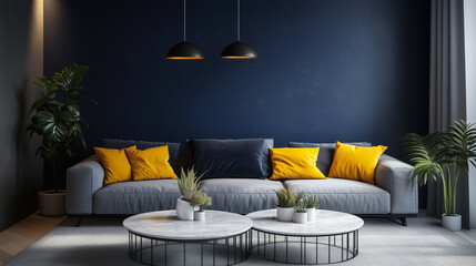 Minimalist interior design of modern living room with navy blue walls

